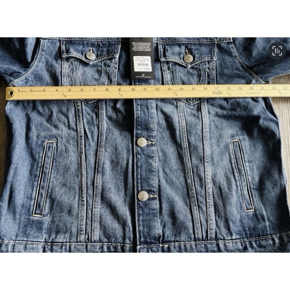 True Religion Sherpa Collar Denim Blizzard Wash Western Trucker Jacket Large - Picture 6 of 7